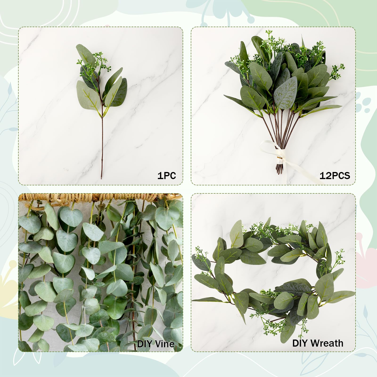 Jeffdad Künstliche Eukalyptus Pflanzen Zweige, 12 Bündel Simulation Grüner Eucalyptus Hinterlässt Zweige Eukalyptus Pflanze Künstliche Pflanzen Dekorative Kunststoff Efeu Pflanzen (Grün mit Blumen)