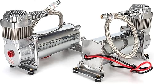 Miniatura 5 de Kit de sistema de compresores de aire cromado 580 tanque de 5 galones Interruptor de apagado y relé de 180 PSI para suspensión de paseo de aire