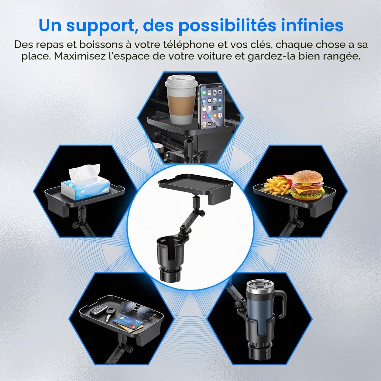 Plateau d'Extension de Porte-Gobelet pour Voiture | Antidérapant et multifonctionnel, plateau repas amovible, idéal pour les repas et voyages en voiture