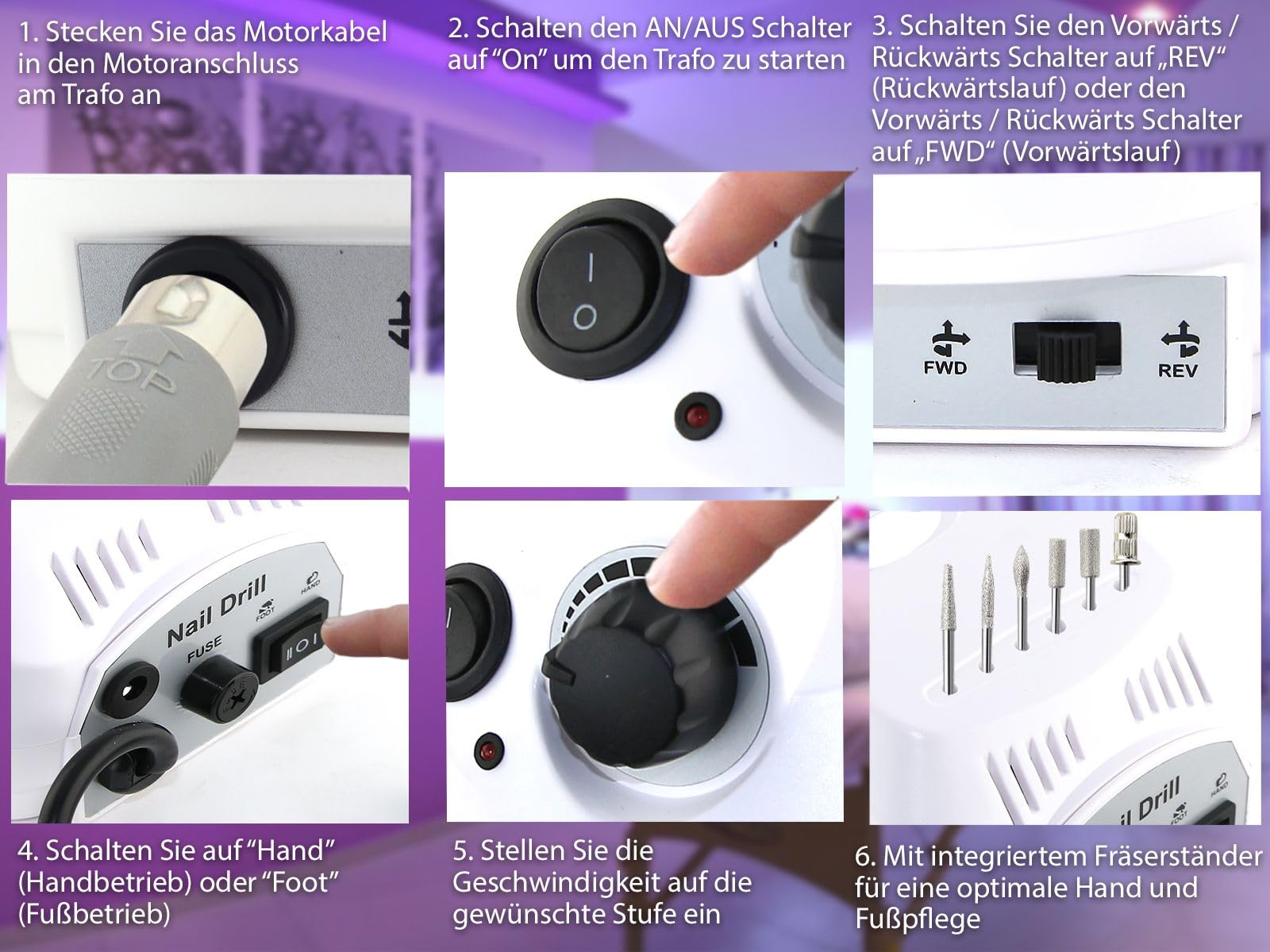 Professionelle elektrische Maniküre- / Pediküre bis 30.000 U/ pro Minute | Fußpflegegerät als Kombi-Gerät mit hygienischer Aufbewahrungstasche und Fräser-Set zur elektrischen Fuß- & Nagelpflege