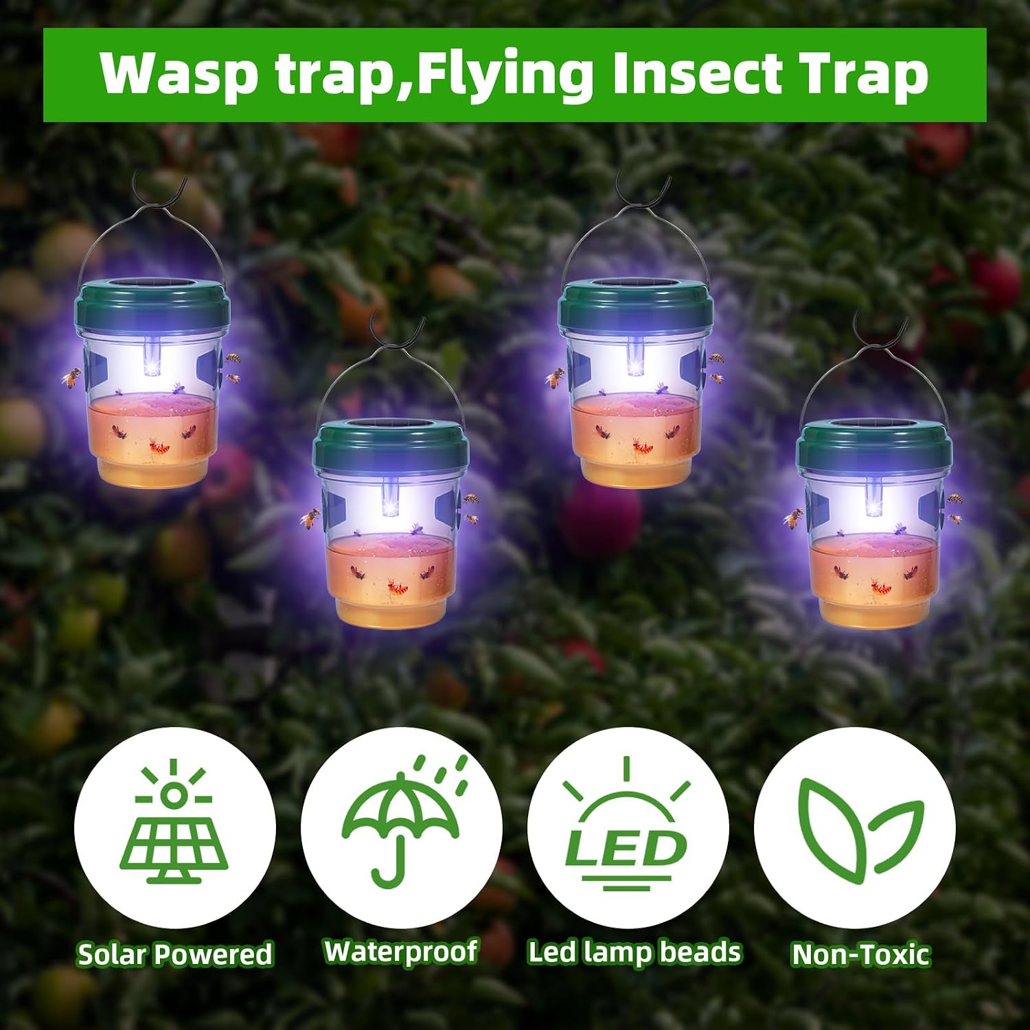 Upgraded Solar Wasp Traps Outdoor Hanging Yellowjacket Trap Hornet Wasp Catcher with UV LED Light Reusable Bee Traps for Outside, Garden, Backyard, and Orchard,4 Pack