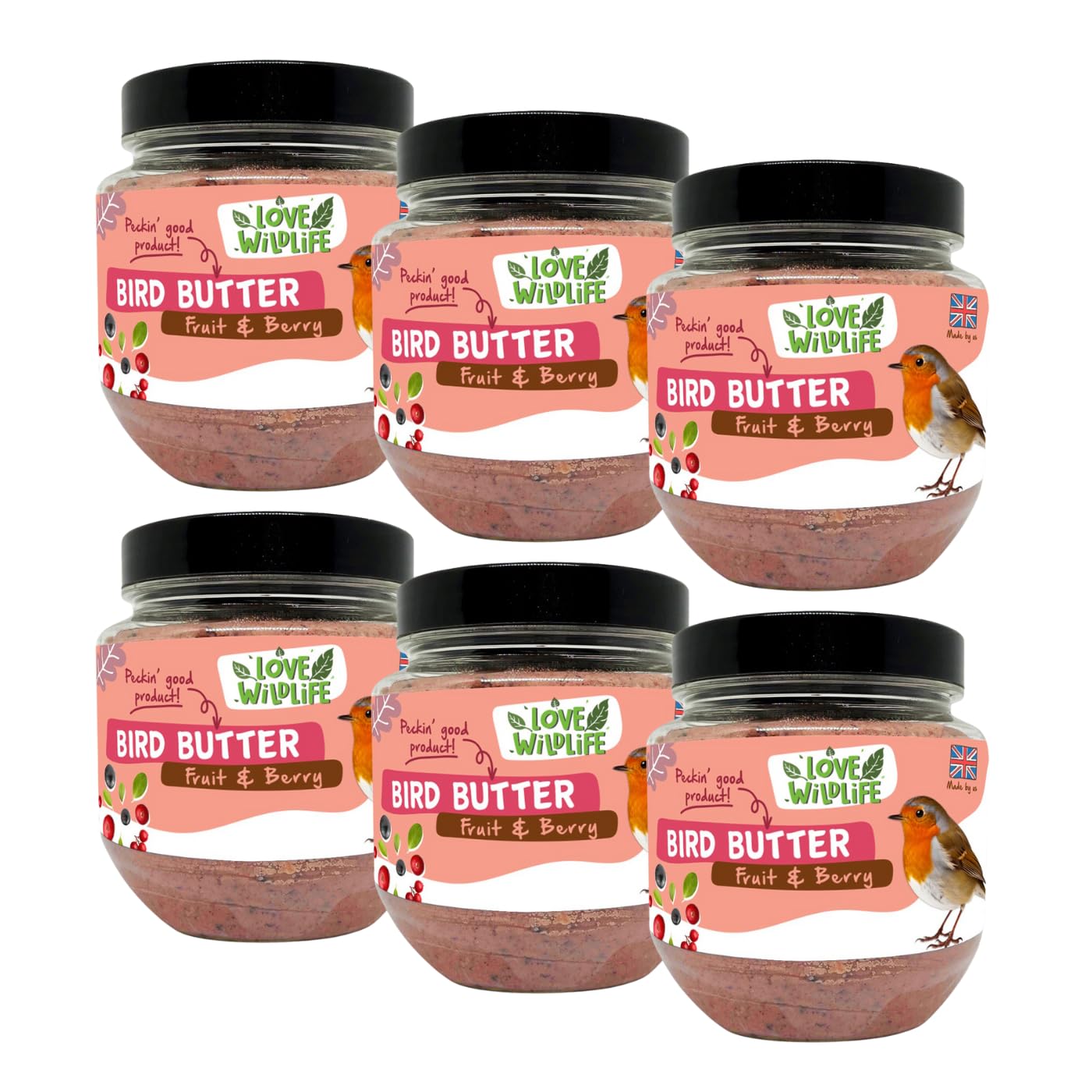 Love Wildlife Fruit & Berry Bird Butter 6 x 375g | High Energy Food for Wild Garden Birds, Premium High Protein Suet, All Natural Ingredients, Ideal for All Year Round Feed
