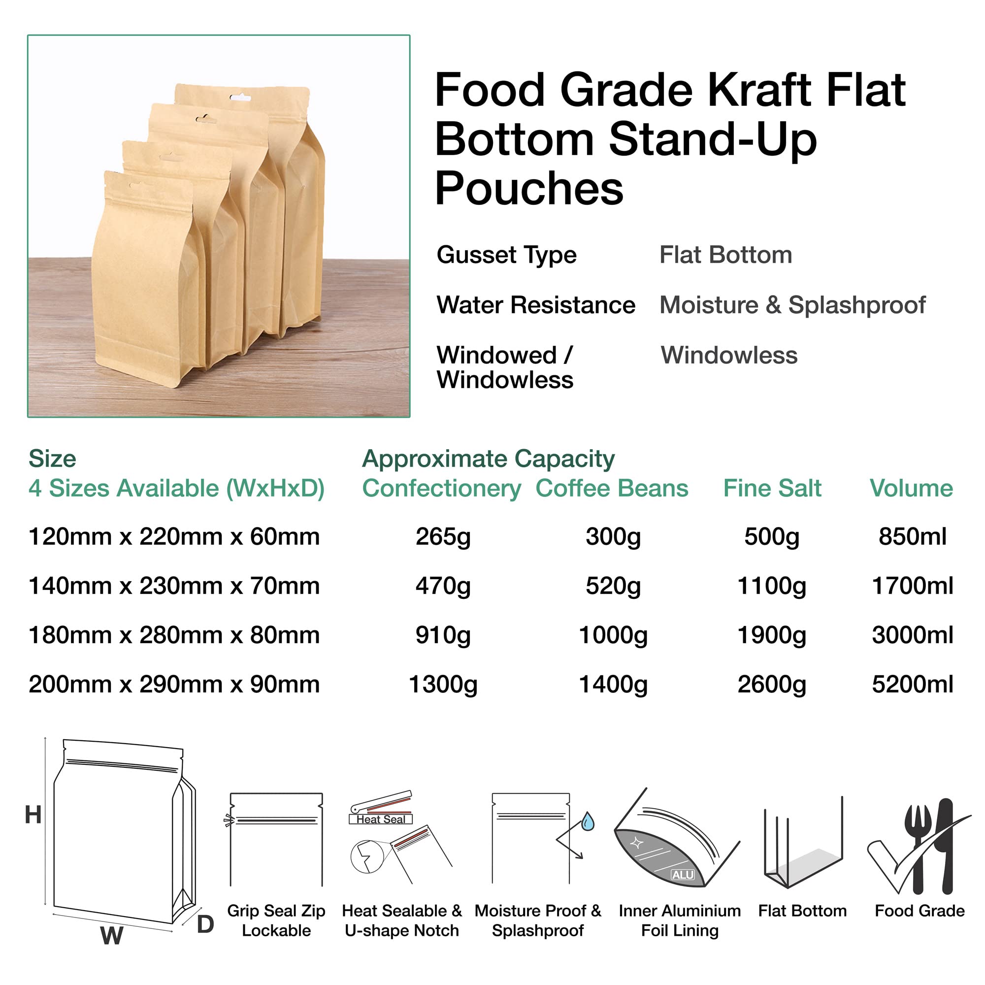 Evergreen Goods 50pcs Papier Kraft Blanc Sacs Alimentaires (200 X 300 Mm) | Soi Debout, Réutilisable Fermeture éclair Avec Fenêtre Mate | Refermable Sacs D'emballage Pour Grain De Café