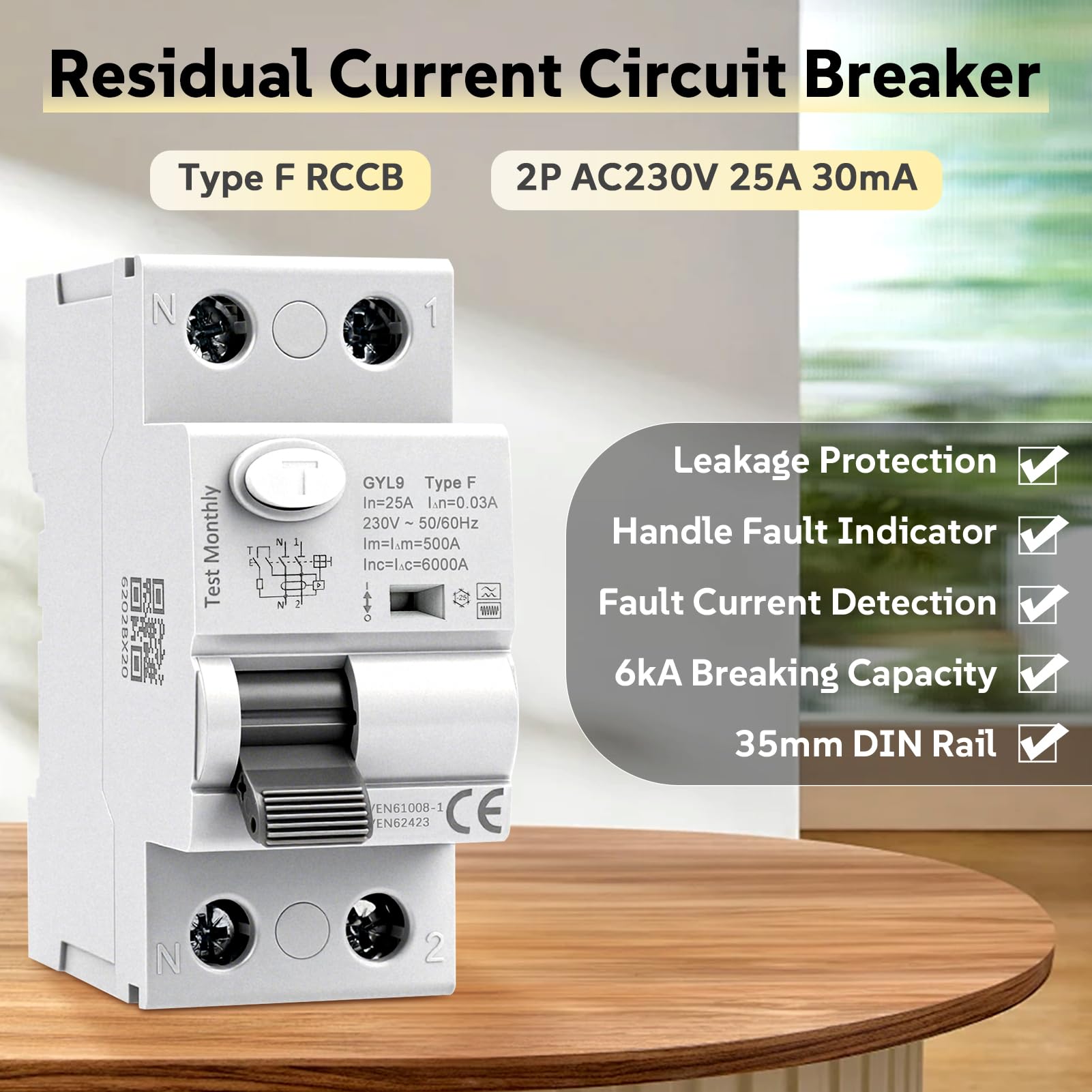Interruttore Differenziale Magnetotermico 25A 30mA AC230V 2P Magnetotermico Differenziale Tipo F 6kA, per carichi monofase a frequenza variabile condizionatori d'aria lavatrici pompe idrauliche GYL9