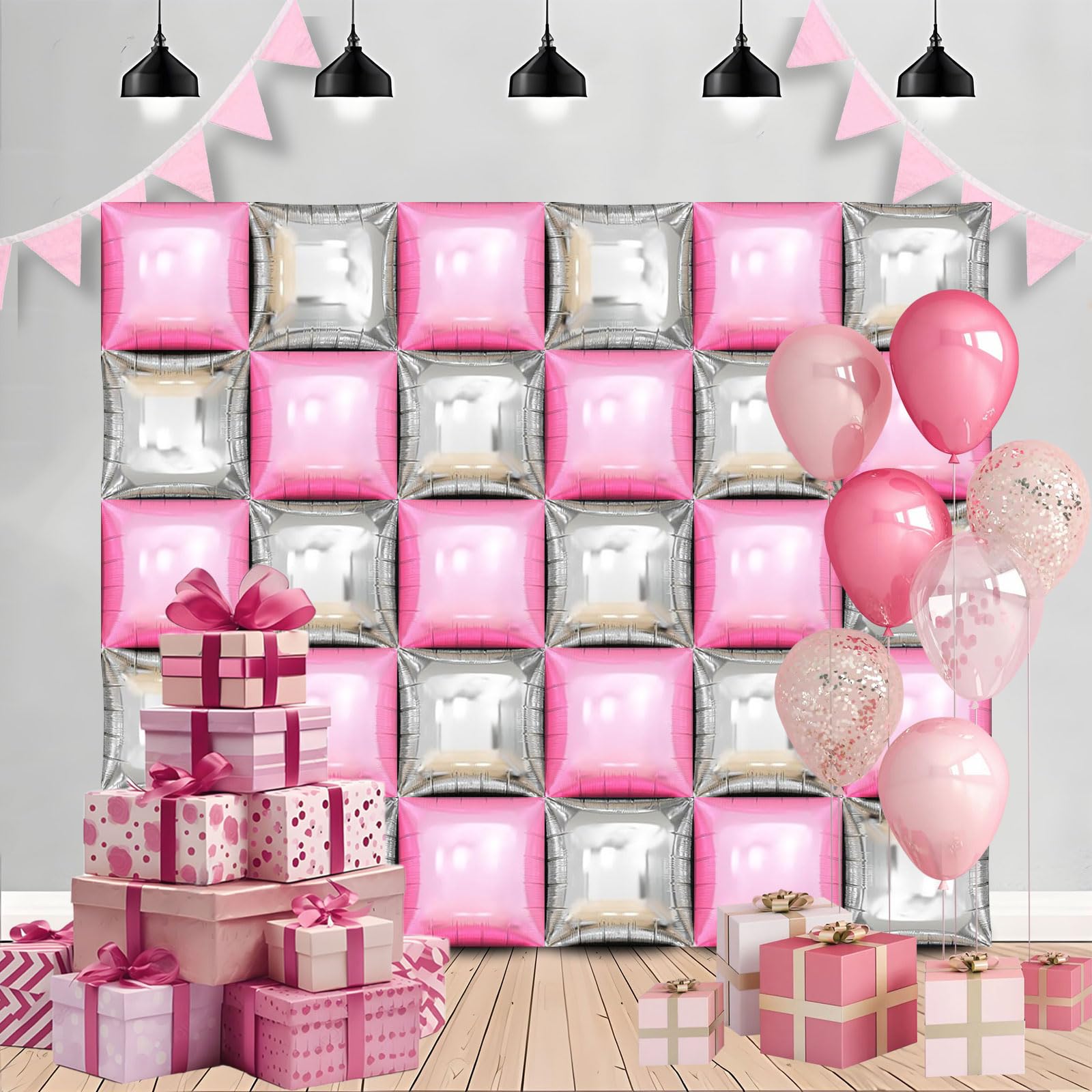 Metallic Pink and Silver Square Foil Balloons Wall - 19 Inches Square Balloons Tunnel Arch Garland Kit for Graduation Decorations Class of 2025,