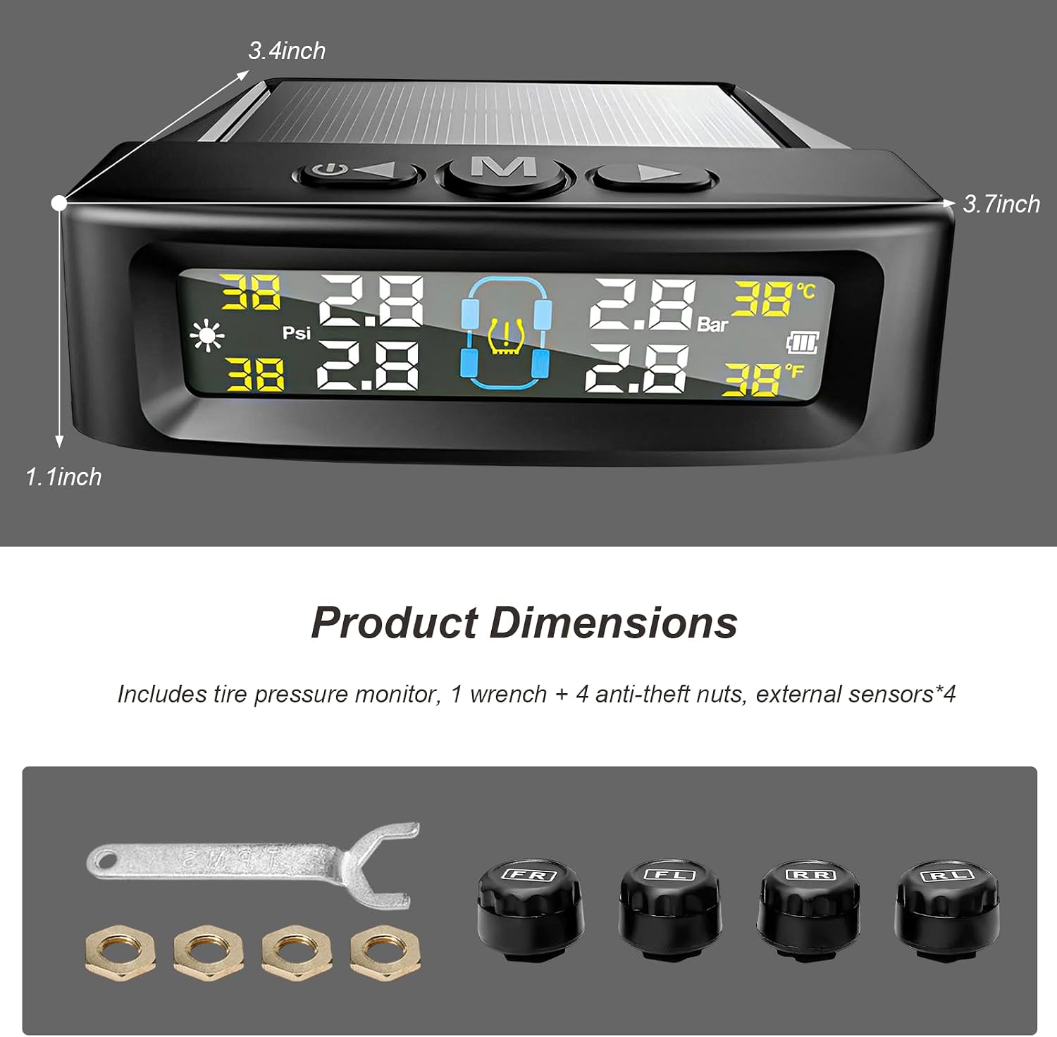 Tire Pressure Monitoring System, Wireless Tire Pressure Monitor with Solar/USB Charger & 4 External Sensors, 6 Alarm Modes Real-time LCD Display TPMS for Car Trailer Truck