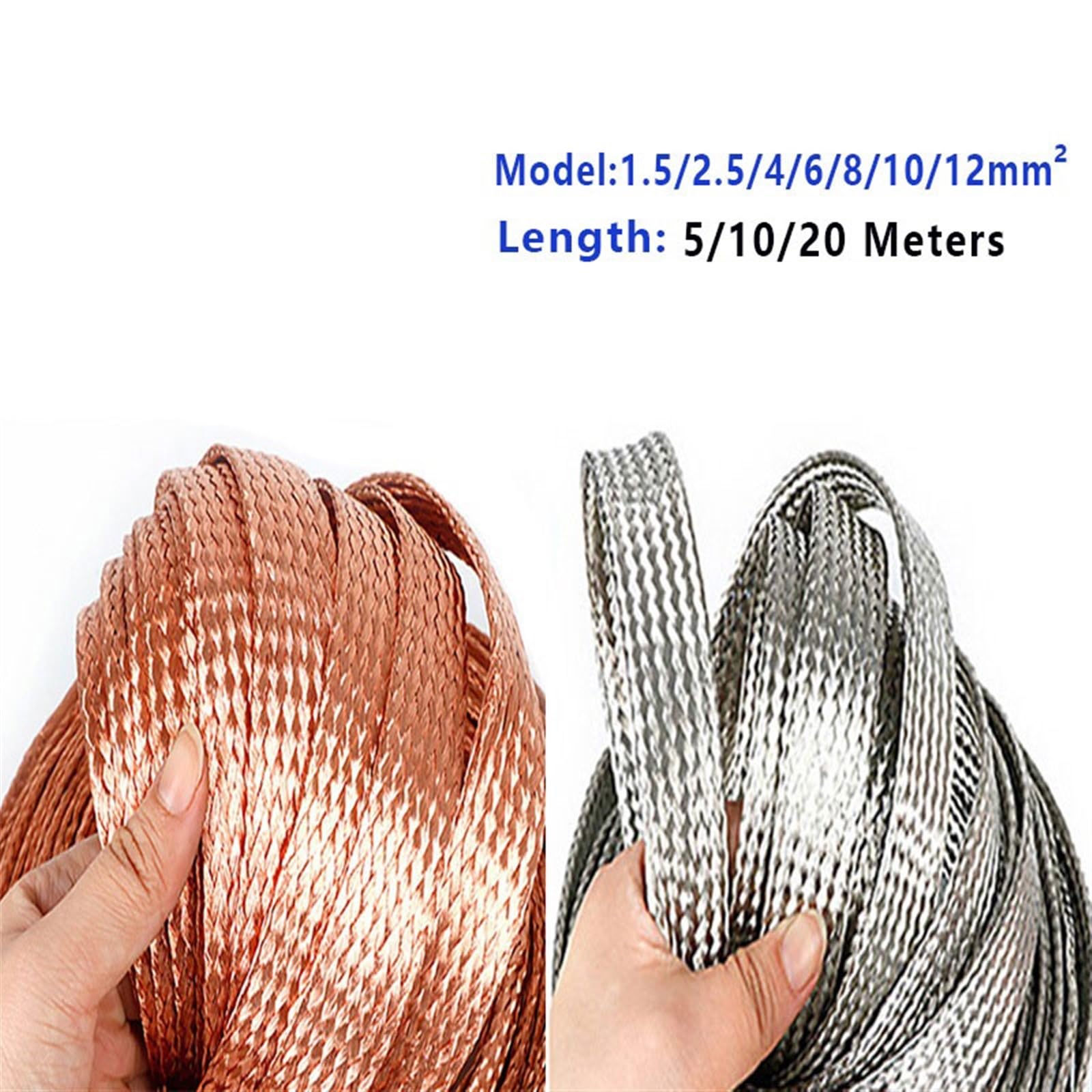 Cable, Cable de señal Alta flexibilidad, blindado, Cable Tierra Cobre Desnudo estañado, Cinta Trenzada conductora, Ancho 1,5 mm, 12, 4 y 20(Copper,20 Meters 5mm Width 2.5mm2)