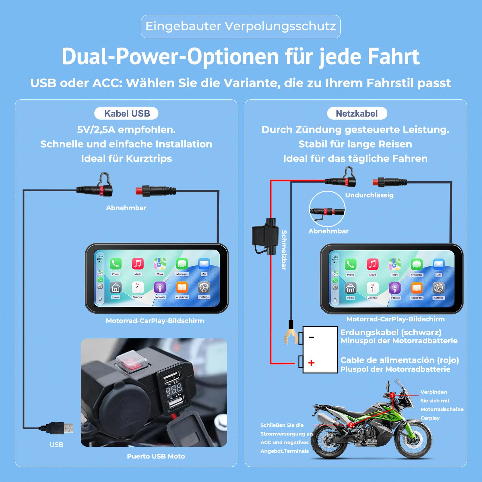 W622 Motorrad kabelloses CarPlay Display 6,25" Touchscreen,kompatibel mit Apple CarPlay & Android Auto,Navi, Sprachsteuerung,IP67 wasserdicht,TPMS,Dual Bluetooth,USB/Acc Stromversorgung