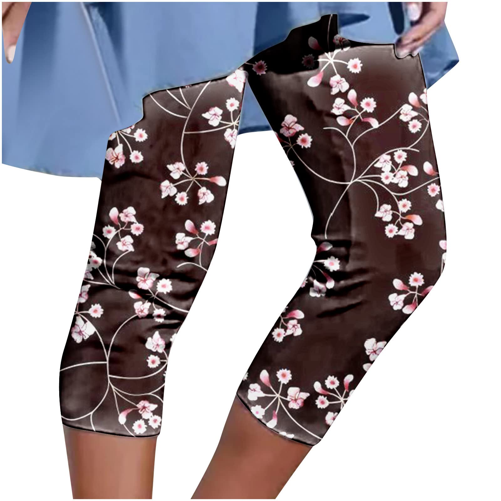 HopwinWomen Casual Printed Capris Leggings Soft Stretch High Waist Cropped Pants Elastic Waist Beach Yoga Gym Leggings