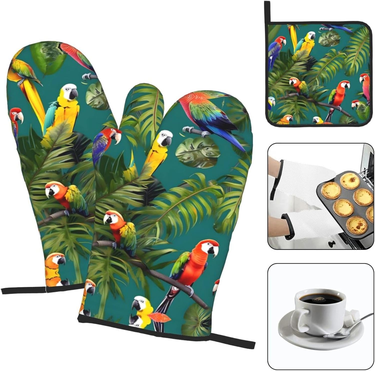 Tropical Plants and Parrots Print Heat Resistant Microwave Gloves, Used for Baking, Cooking, and Fashion Kitchen Essentials