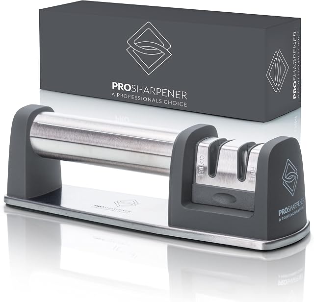 PRO Sharpener A Professionals Choice Manual Knife Sharpener 2 Stage Kitchen Accessory, Non-Slip Base, Stainless-Steel, Straight and Serrated Knives, Including Diamond Life-time Guarantee