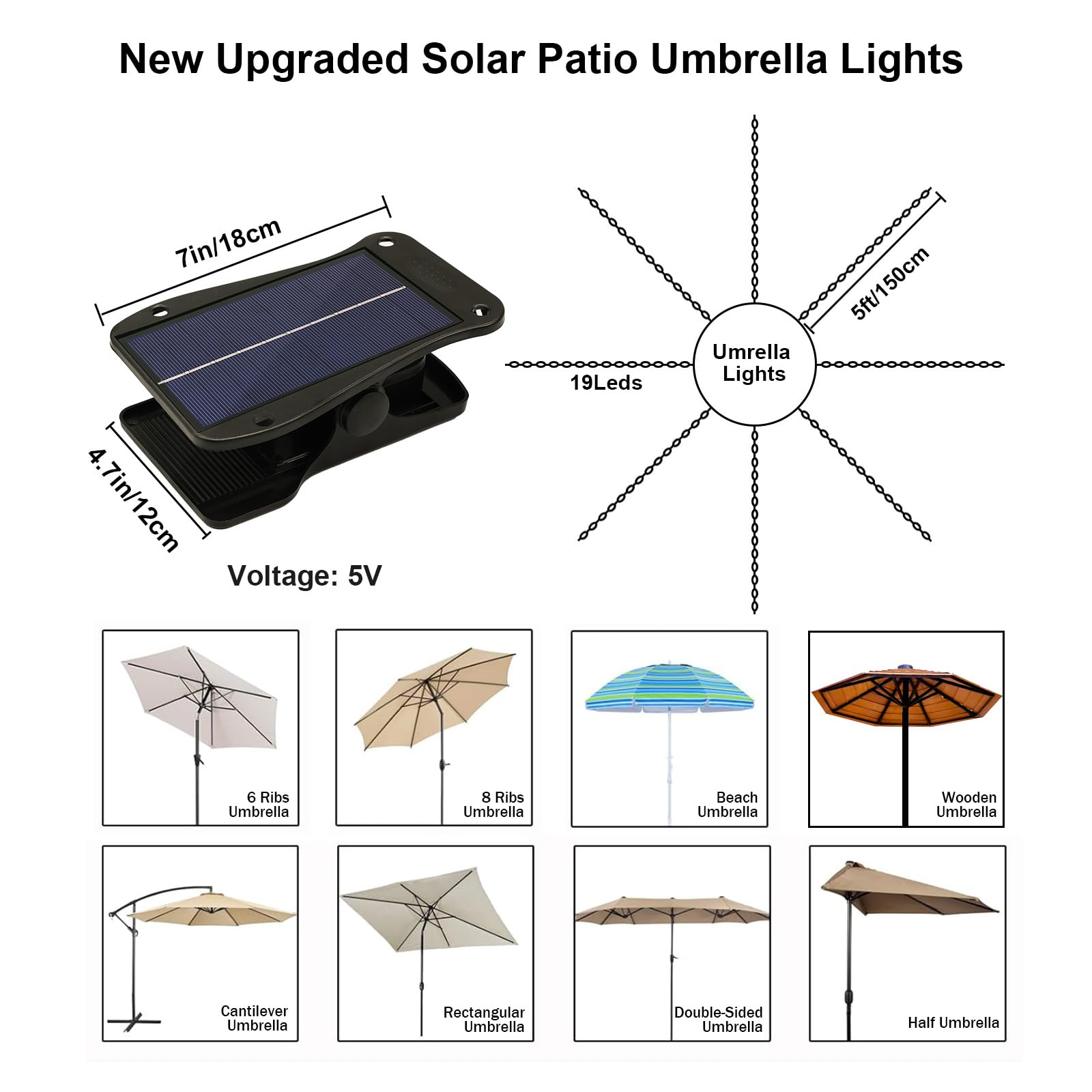 Lampes solaires pour parasol de terrasse avec 8 modes d'éclairage – Plus grand panneau solaire 5 V 152 LED – Étanche – Pour terrasse, plage, tente, camping, décoration de jardin, blanc chaud