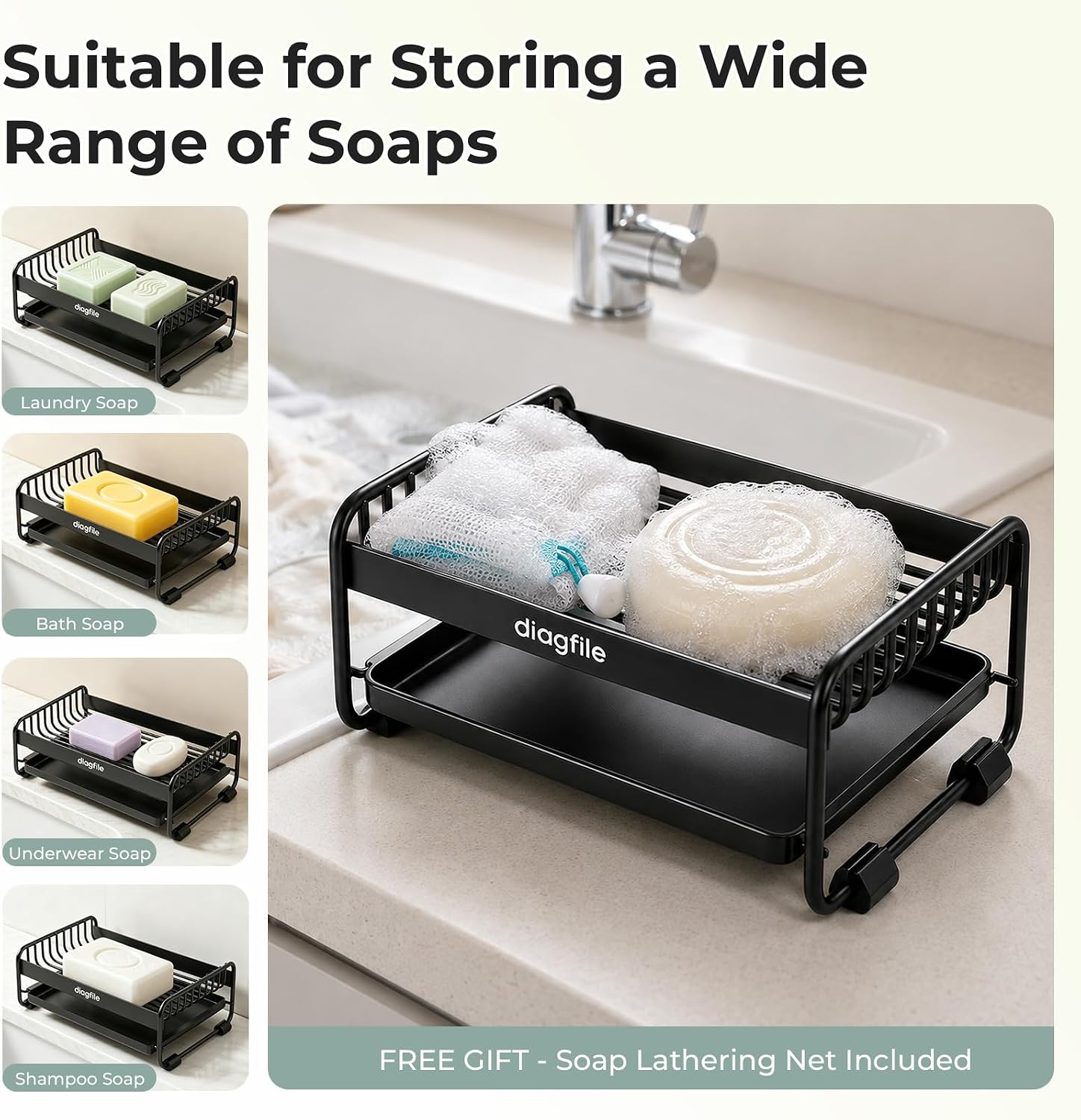 Soap Dish for Shower, Carbon Steel Bar Drainage Soap Holder Black