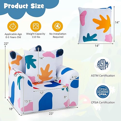 Miniatura 11 de HONEY JOY Sofá para niños pequeños, silla en forma de corona con almohada adicional, cómodos muebles de sala de juegos para niños con funda de