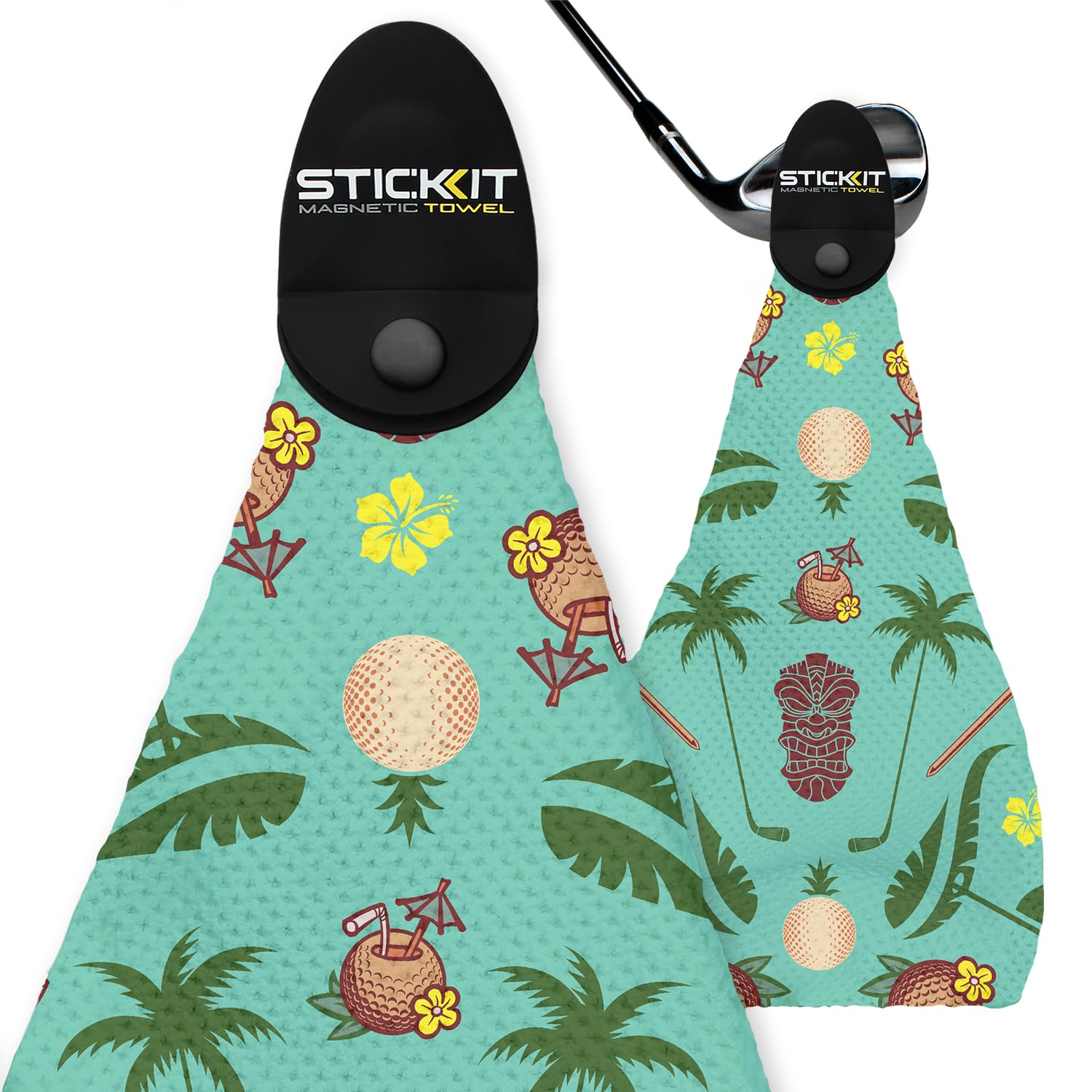 STICKIT Toalla de golf con imán, ultraabsorbente, microfibra gofrada, colocar en bolsos, palos y carritos, limpia suciedad, desechos y hierba de la cara del palo, 74 x 74 cm (Tiki turquesa)