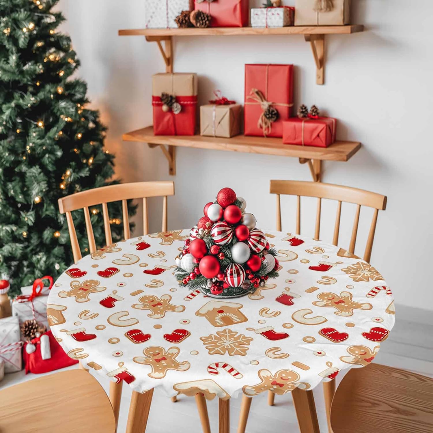 Christmas Gingerbread Round Fitted Tablecloth, Socks Glove Snowflake Candy Canes Winter Waterproof Table Cloth Table Cover with Elastic Edged for Outdoor Picnic Parties, Fits Tables up to 45" - 54"