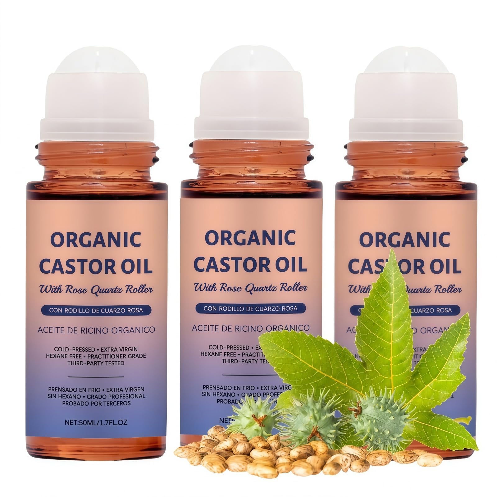 Organic Castor Oil with Rose Quartz Roller, Pure Organic Cold-Pressed Castor Essential Oil Roller Ball,Deep Hydration & Smoothing, Suitable for All Skin Types (1) — view 8