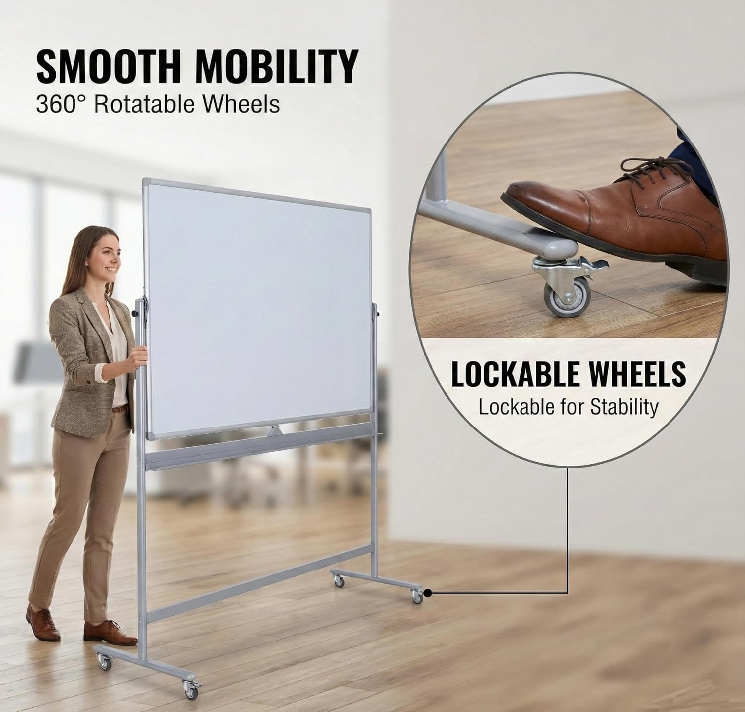Large Double Sided Whiteboard 72x40 inches on Wheels, Height Adjustable Mobile Magnetic Dry Erase Board with Rolling Stand for Office Meetings, Classroom Teaching, Home, Silver Frame