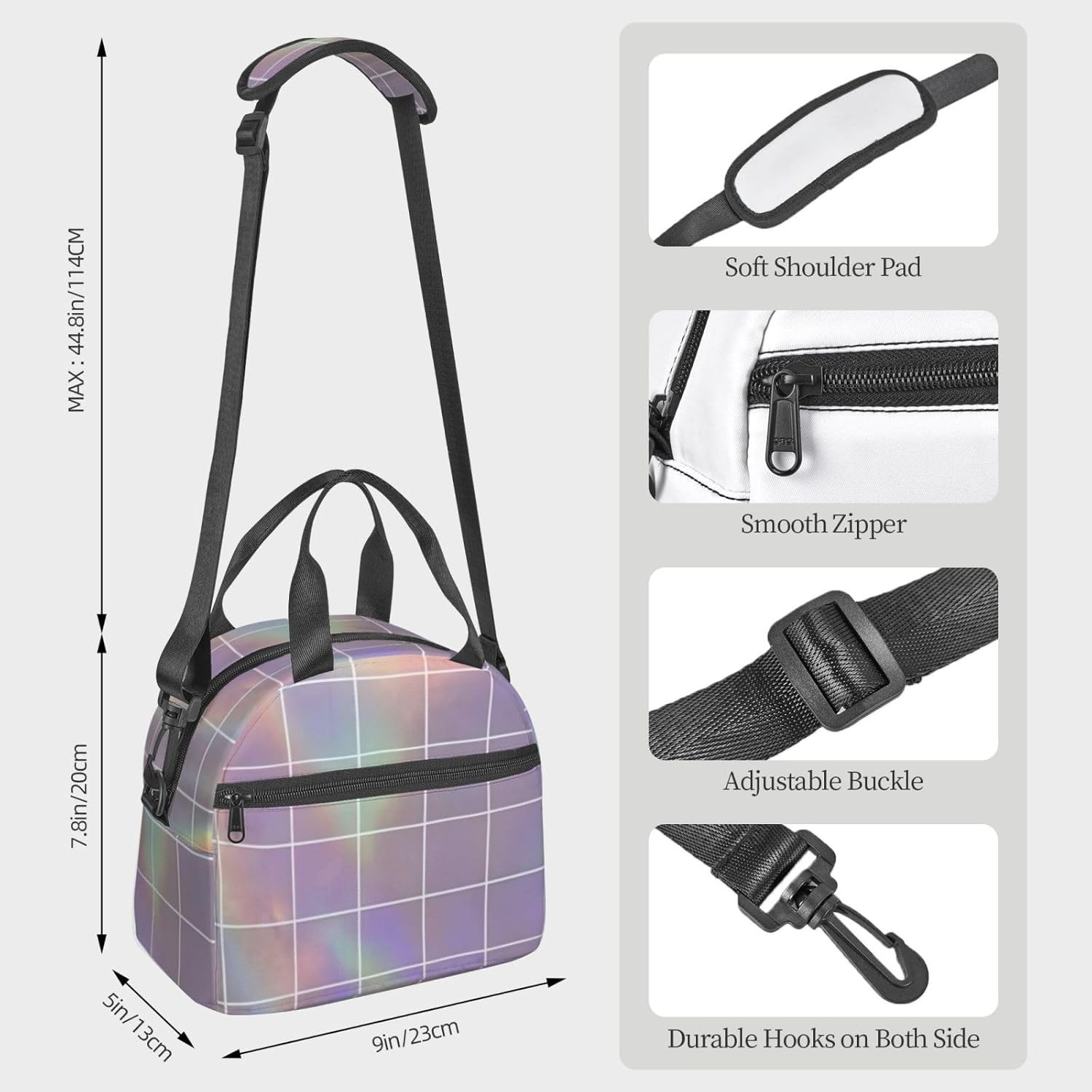 Reflective square Print Reusable Lunch Bag Insulated Lunch Boxes for Office Work Picnic Tote Bag Adjustable