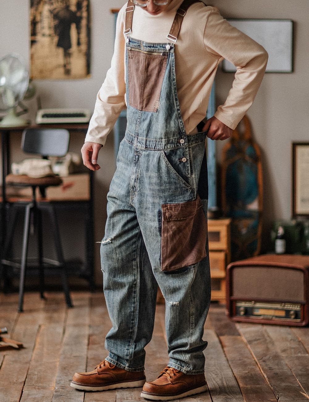 Rexcyril Men's Baggy Denim Bib Overalls Vintage Distressed Fashion Jumpsuit Loose Fit Jean with Cargo Pockets