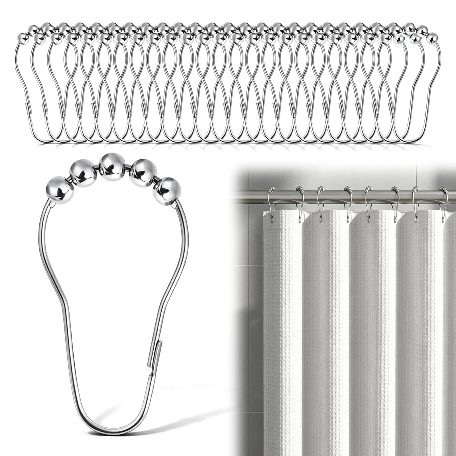 Meetlanduo Silver 24Pcs Shower Curtain Hooks,Stainless Steel Shower Rod Rail Rings Bath Curtain Rings For Bathroom Curtains Rods Rust-Resistant