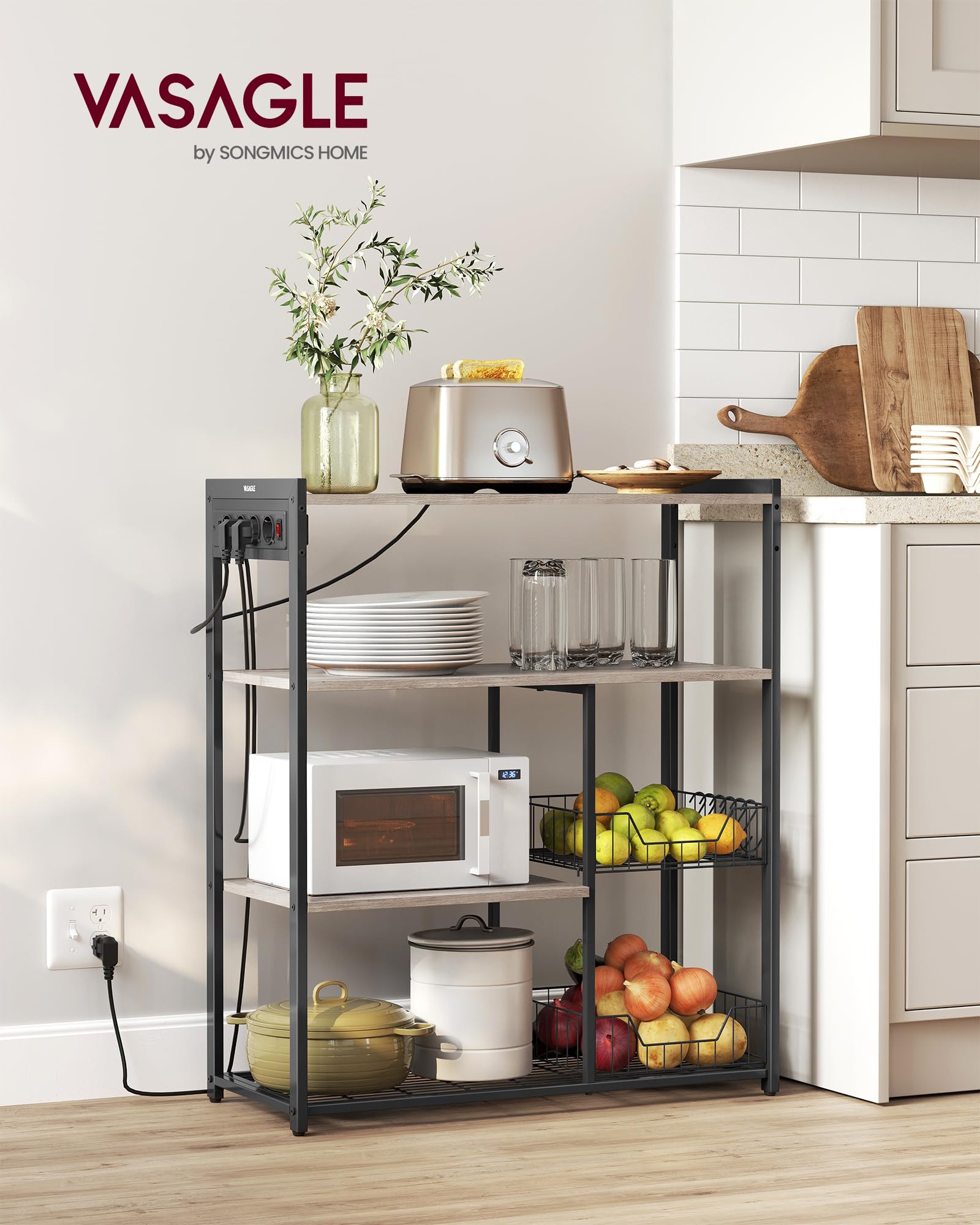 VASAGLE Estantería de Cocina con Enchufes, 2 Cestas de Malla, Estantería para Microondas, con Estantes y Ganchos, 35 x 80 x 93,5 cm, Estilo Industrial, Greige Mélange y Negro Tinta KKS196K02