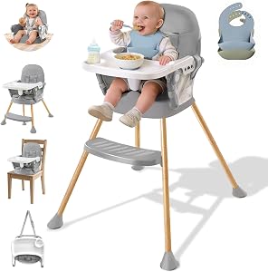 Baby High Chair, High Chairs for Babies and Toddlers, Portable Dining Seat with Adjustable Food Tray & Footrest, Compact Infant Feeding Chair, Toddler Dining High Chair with 2 Baby Bibs, 5-Point Harness, Easy to Clean