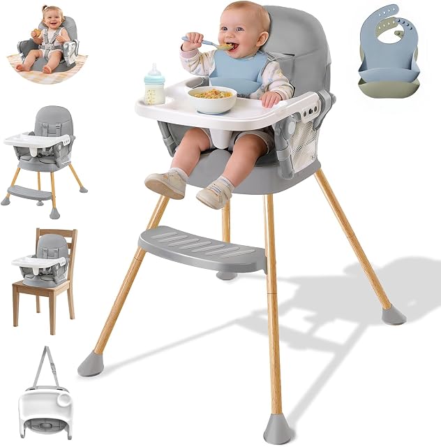 Chaise haute bébé, Chaises hautes pour bébés et tout-petits, Siège à manger portable avec plateau alimentaire réglable & repose-pieds, chaise d'alimentation pour bébé compacte, chaise haute pour les enfants 2 Bébés bib, 5-Point Harnais, facile à nettoyer