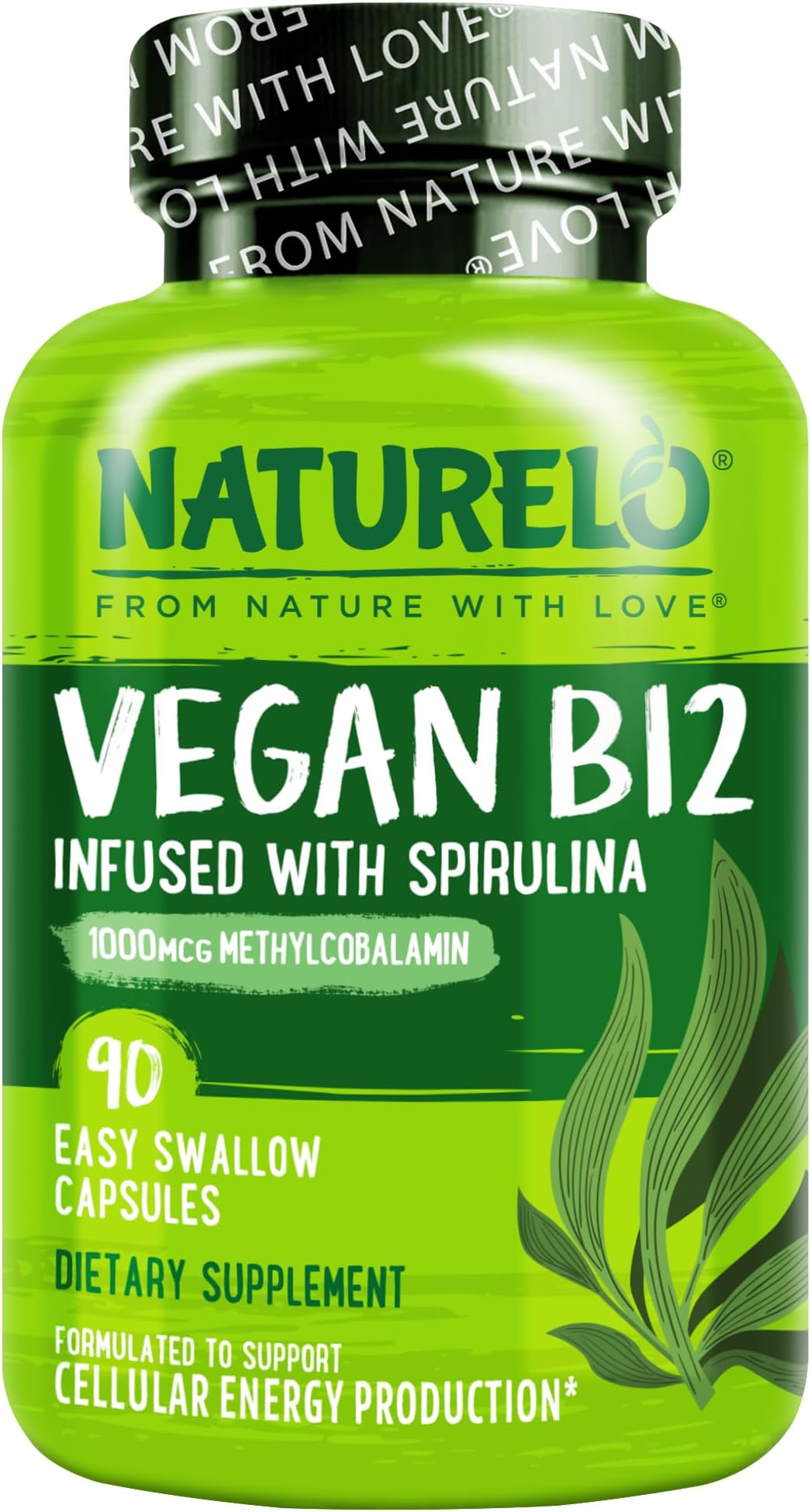 Vegan B12 with Spirulina - High Potency 1000mcg Bio-Available Methylcobalamin - Best Support for a Plant-Based Diet or Deficiency - 90 Mini Capsules | 3 Month Supply