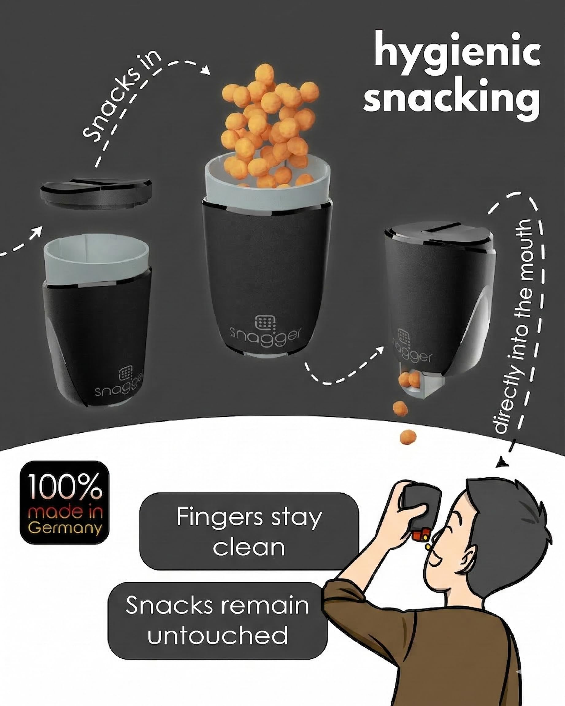 snagger - Il distributore di snack // Mani pulite mentre si mangia // Adatto per arachidi, caramelle, e altro // Regalo per uomini e giocatori // Prodotto in Germania (nero-blu)