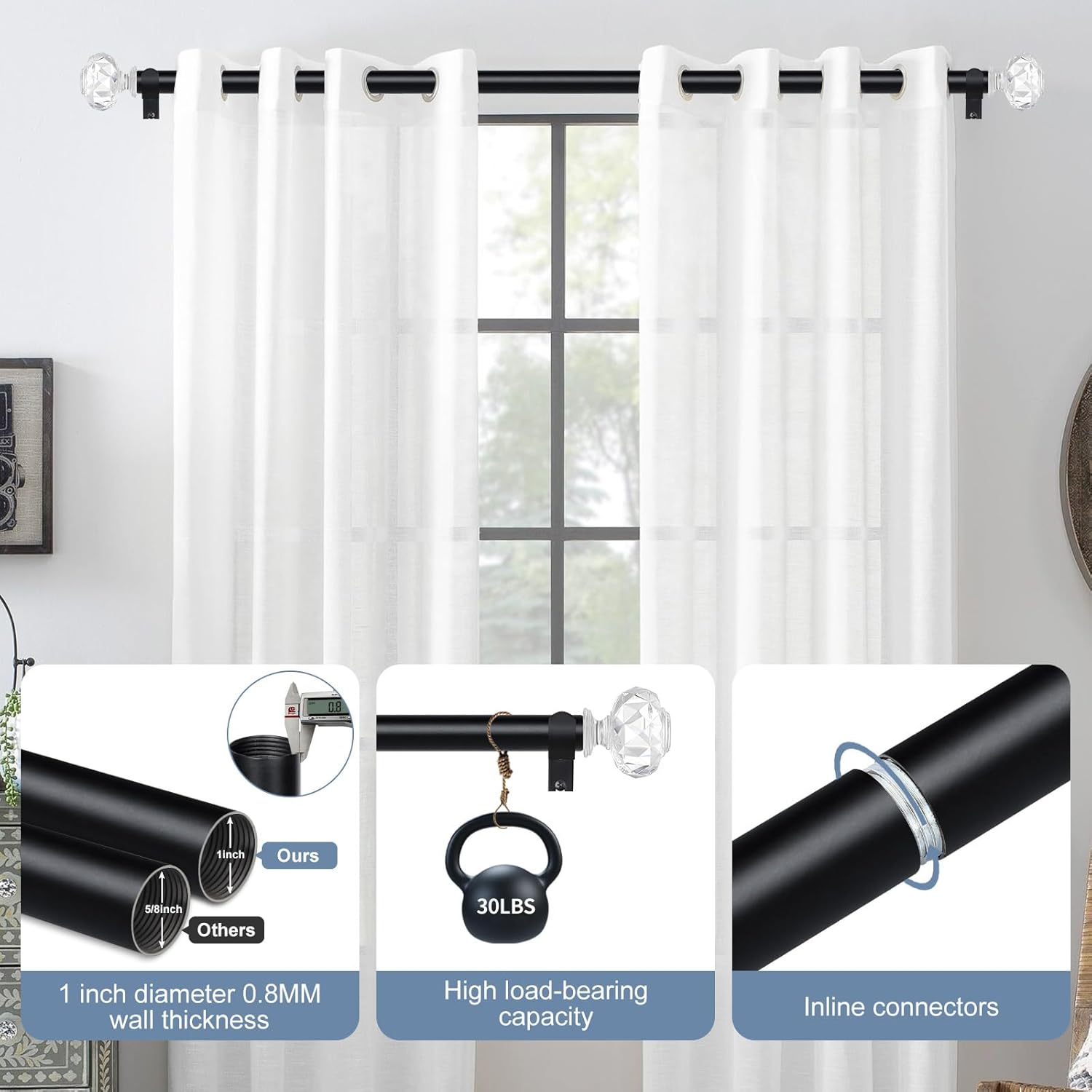 TVWOO Black Decorative Crystal Curtain Rods:18-45 Inch Heavy Duty Adjustable Window Curtain Rods for Bedroom Living Room,Matte Black Modern Girly Acrylic Drapery Pole with Sheer Bling Diamond Finials