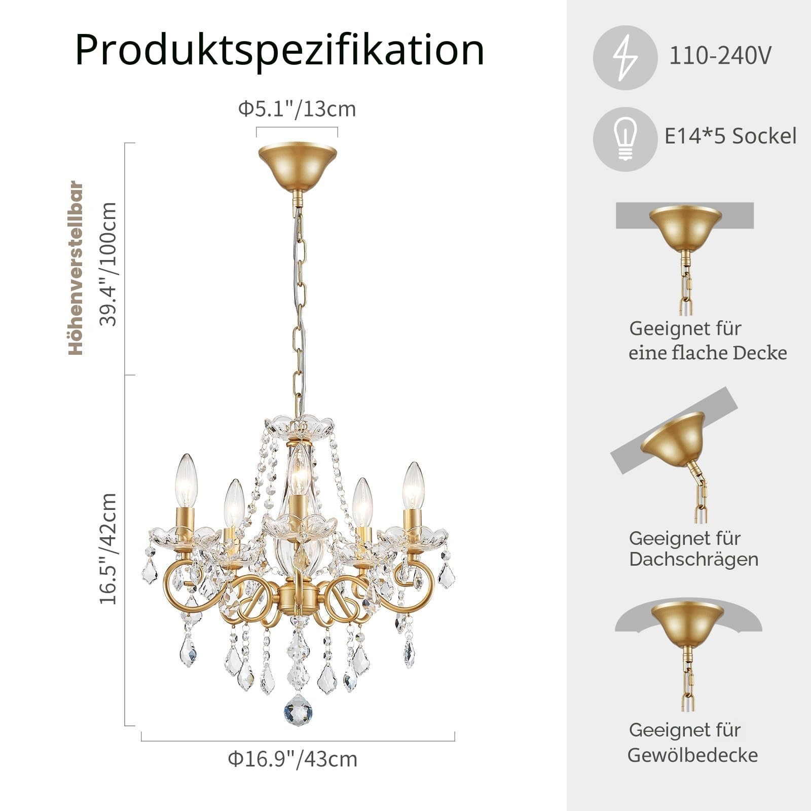 WUZUPS Kristall Kerze Kronleuchter Pendel Flushmount Deckenleuchte Moderne Beleuchtung für Schlafzimmer Flur Bar Küche Bad, H42 W43, Gold, E14 Base