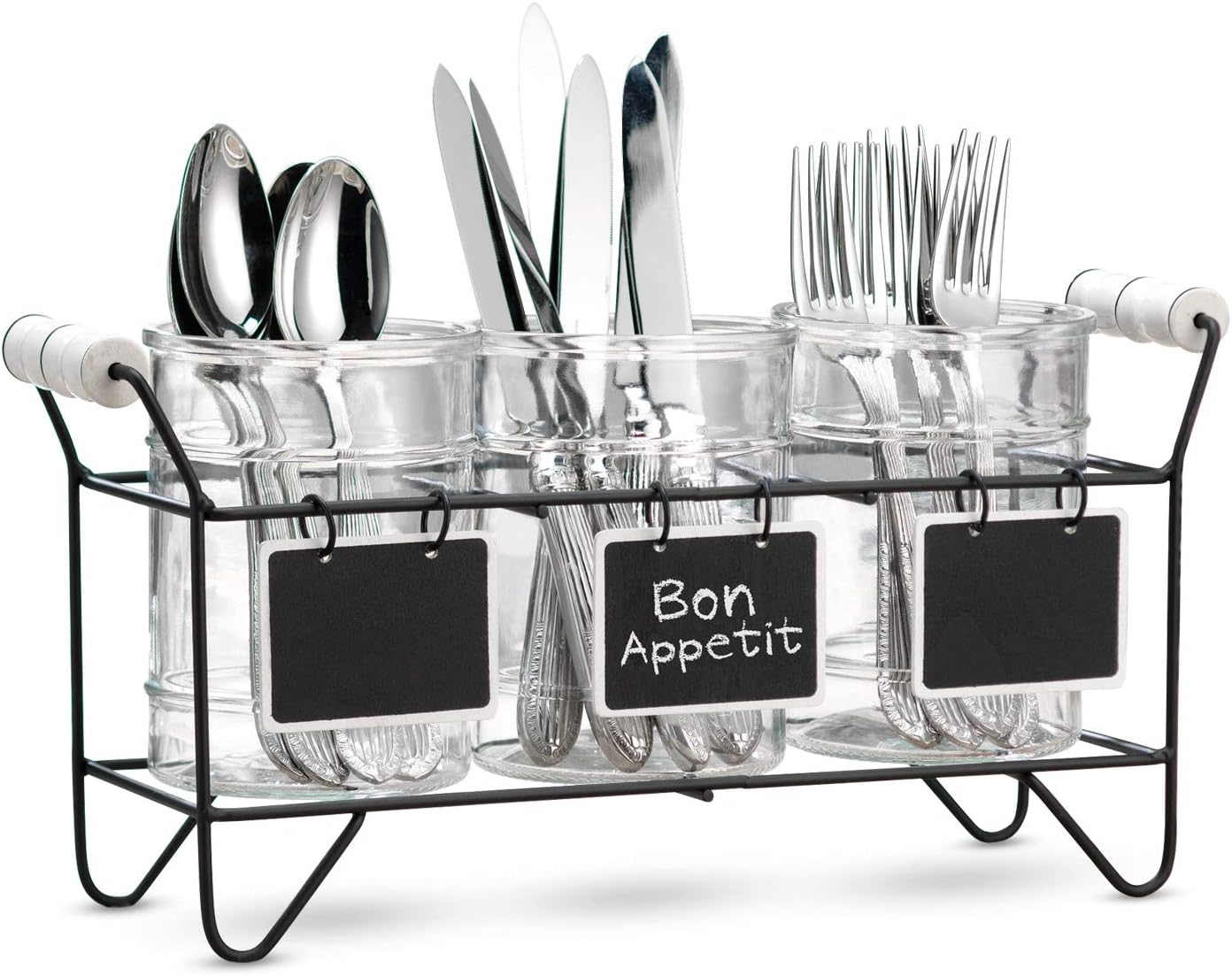 Glass Kitchen Utensil Holder Set - 3 Clear Silverware Jars In Black Metal Caddy With handles and Chalkboard Tags - Organization and Storage Flatware & Cutlery Serving Set Ideal For Kitchen Countertop,