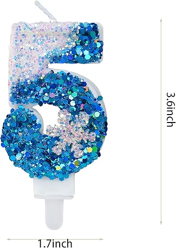 Miniatura 2 de Velas de cumpleaños azules 5, velas de cumpleaños número 5 con purpurina azul y blanca con suministros de fiesta de copo de nieve