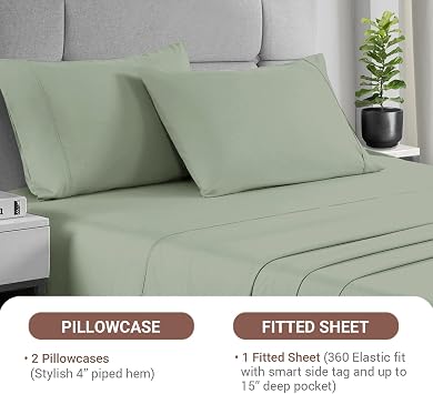 Pizuna 3 Piece Bedding Bundle - 1 Fitted Sheet, 2 Pillowcases, 400 Thread Count Pure 100% Cotton Sateen Weave (Combed Cotton Sheet Set Sea Foam)