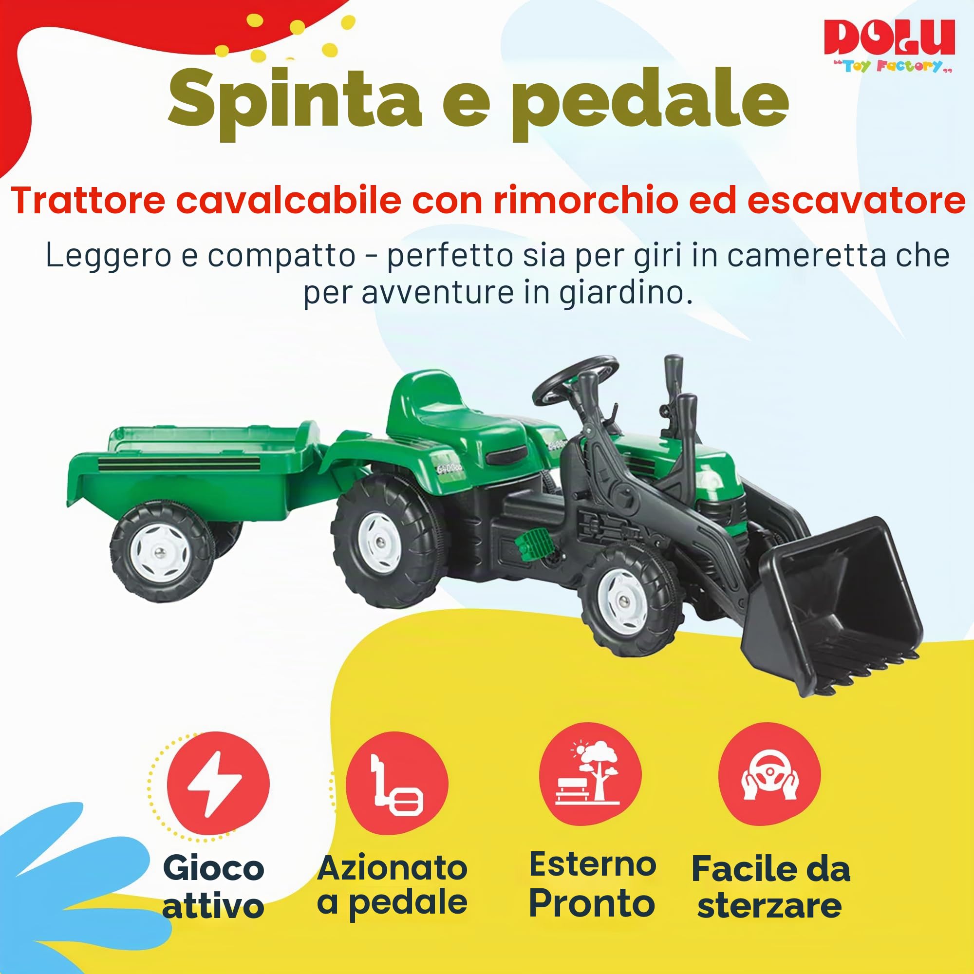 Dolu Trattore a Pedale con rimorchio ed Escavatore - Verde