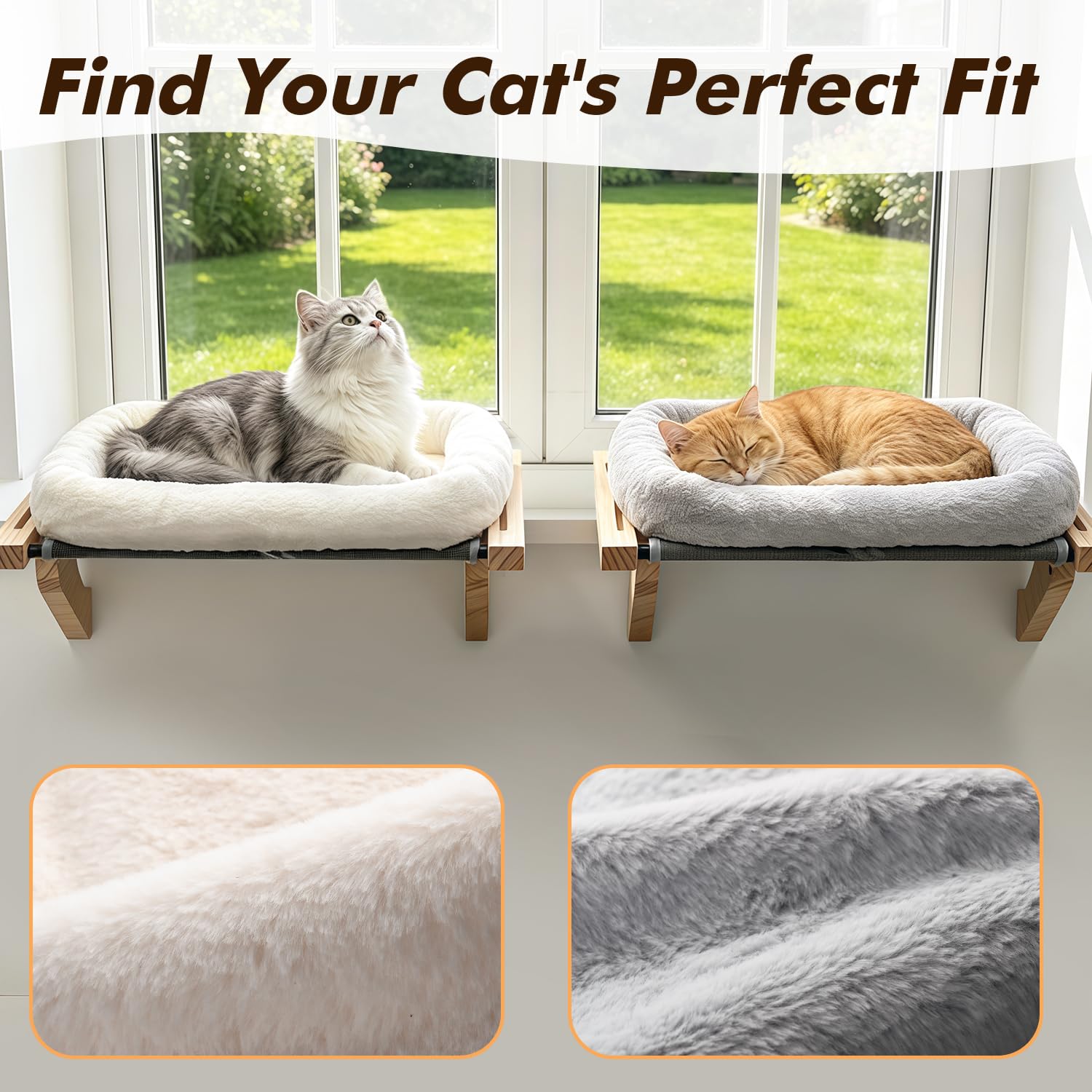 AMOSIJOY Percha para Ventana de Gato, Hamaca Resistente con Funda de Cama, Marco de Madera y Metal para Gatos Grandes, fácil de Ajustar para alféizar de Ventana, mesita de Noche, cajón y Armario
