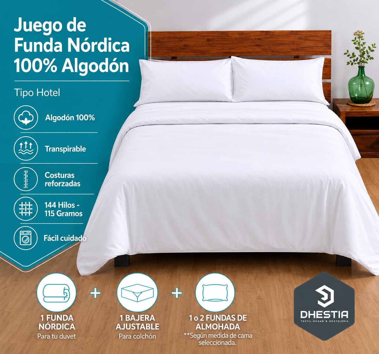 DHESTIA HOME - Funda Nórdica Algodón 100% Cama 180 x 190/200 cm - Juego 3 Piezas Blanco Tipo Hotel: Funda Nórdica, Bajera Ajustable y Funda Almohada - Tejido Natural Transpirable - Lavado a Máquina