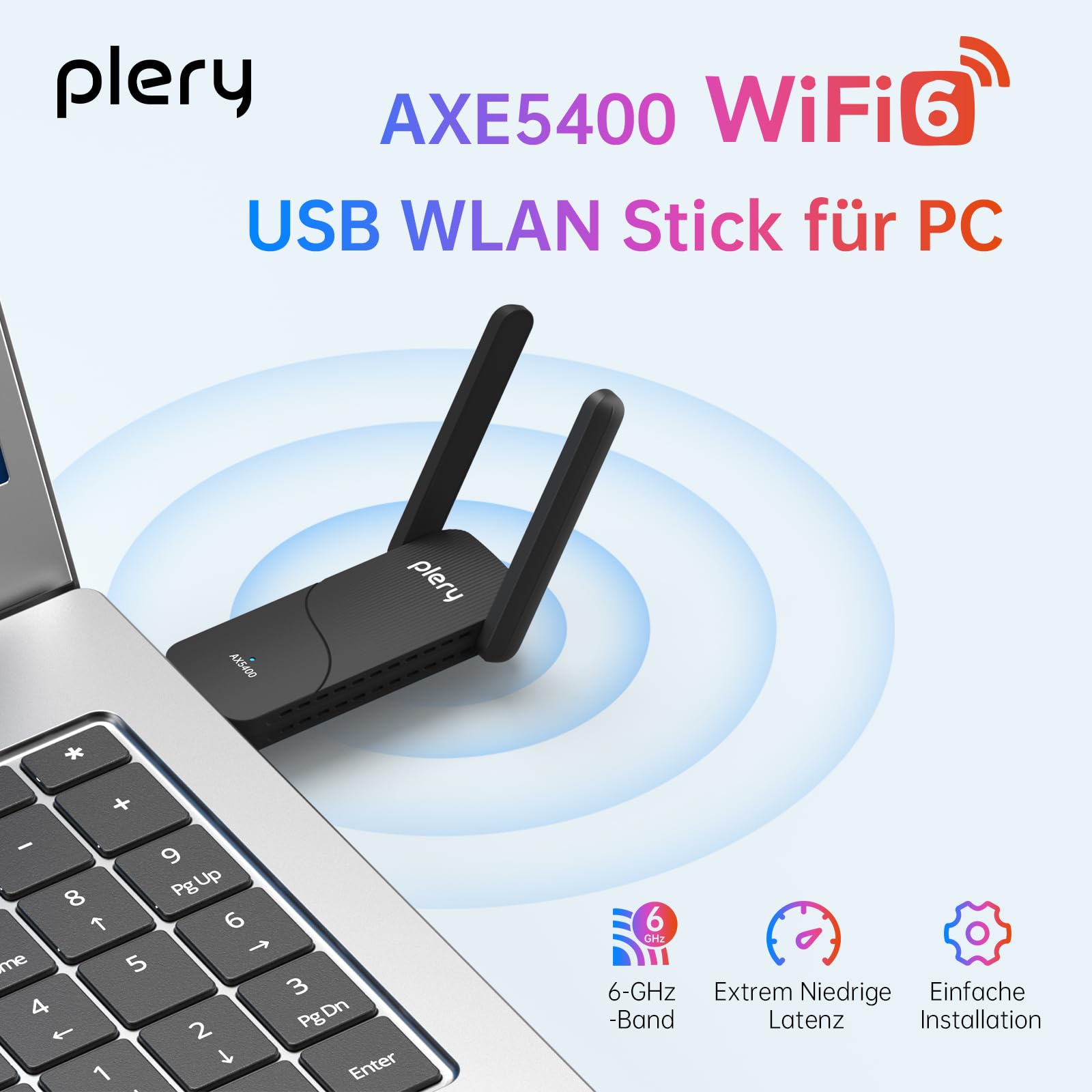 AXE5400 - Chiavetta WLAN per PC, tri-band 6 GHz/5 GHz/2,4 GHz USB 3.0 WiFi adattatore con antenne 5dBi, WPA3, solo per Windows 11/10, adattatore Wi-Fi PC con latenza estremamente bassa per