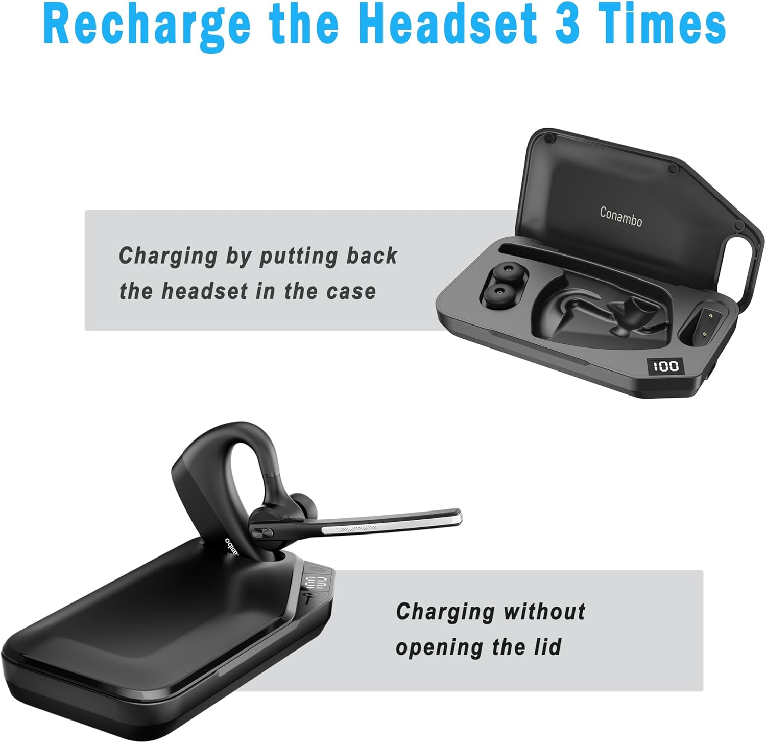Conambo K10 Headset charging inside its case.