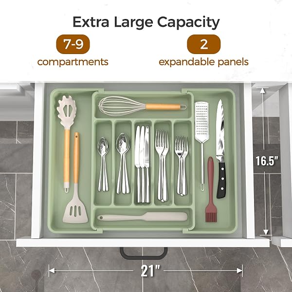 Extra Large Expandable Silverware Organizer, BPA-Free Food-Safe Cutlery Flatware Organizer, Kitchen Utensil Drawer Organizer, Adjustable Silverware Holder for Spoons Forks Knives, Green - 2