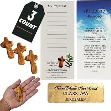 Holy Land Market Olive Wood Pocket Cross 2.5" - Handmade Jerusalem Palm Crosses | Small Wooden Crucifix Christian Gifts with Certificate & Prayer Card | Meditation & Prayer Crosses 3 Count