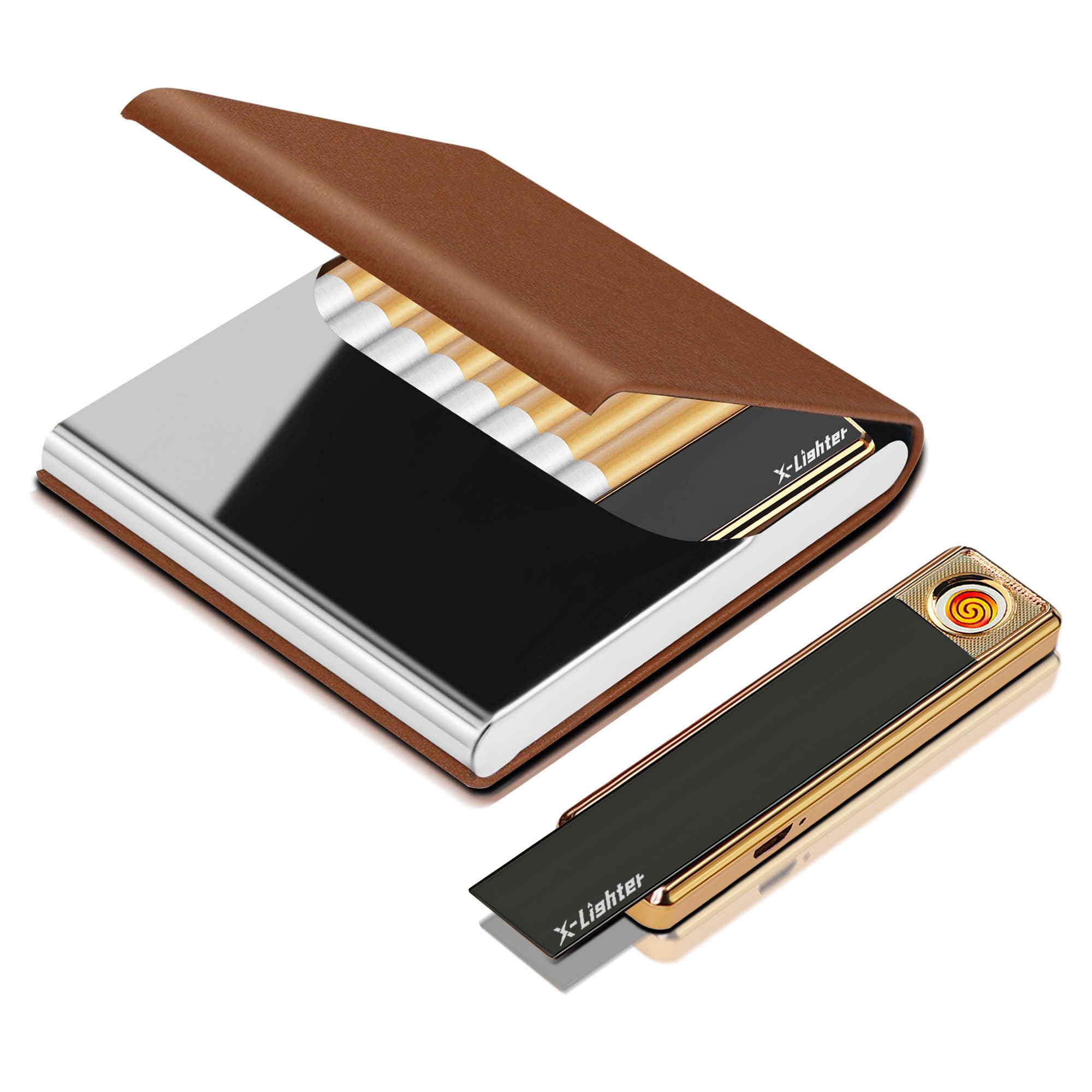X-LIGHTER Cigarette Case with Lighter for 84MM King Size, Smell Proof, Ultra Slim, Leather Cigarette Holder Case for Men, Business