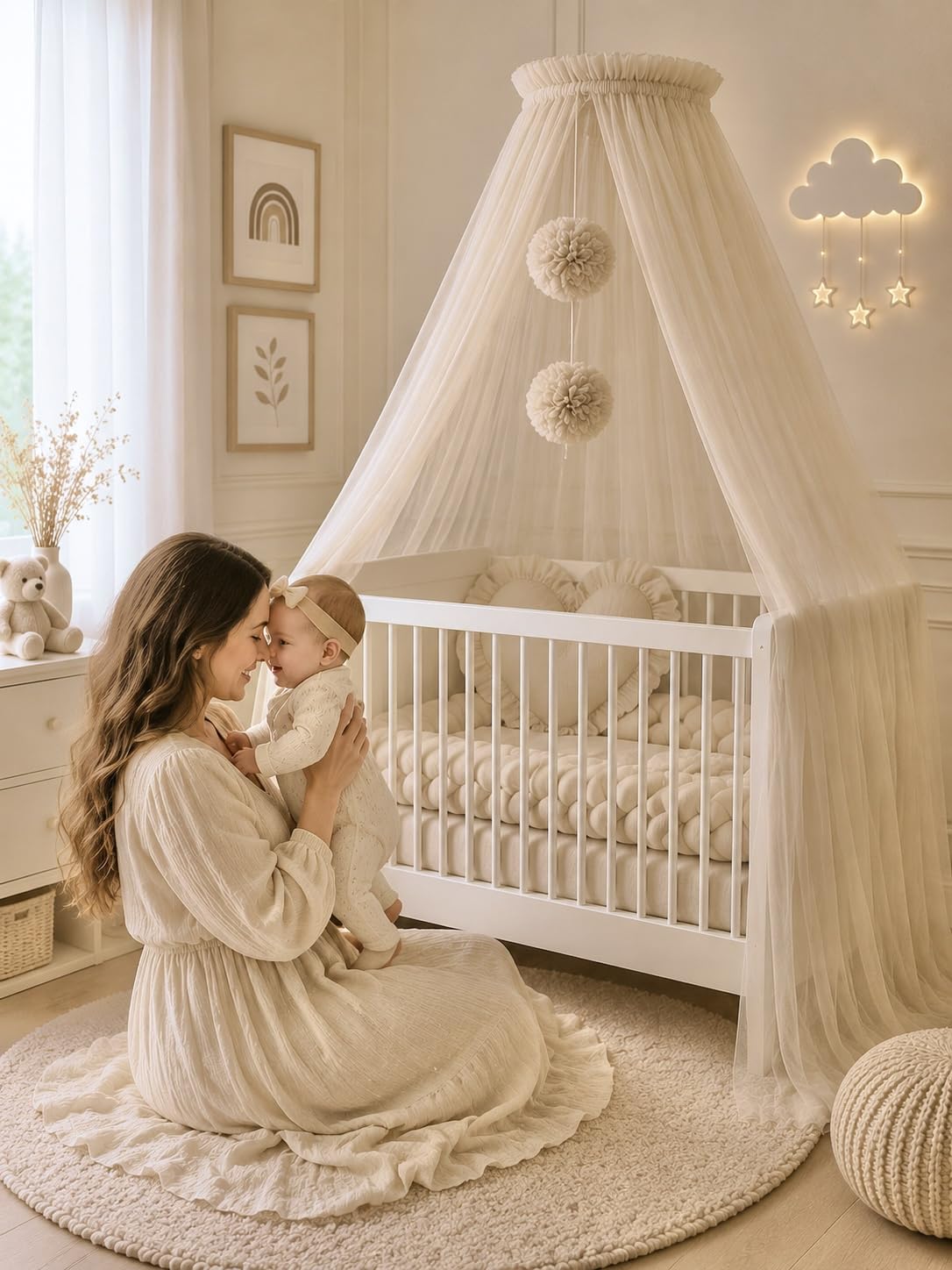 Baby Fancyroom lit pour bébé, berceau, moustiquaire, décoration chambre enfant, tulle qualité supérieure (beige)