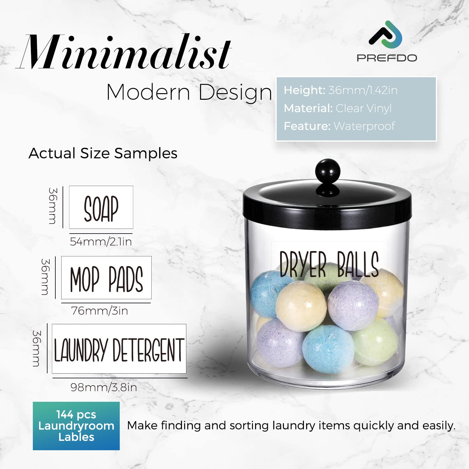 144 Laundry Room Labels, Prefdo Modern Waterproof Preprinted Black All Caps Stickers for Linen Closet and Laundryroom Organization(Black)