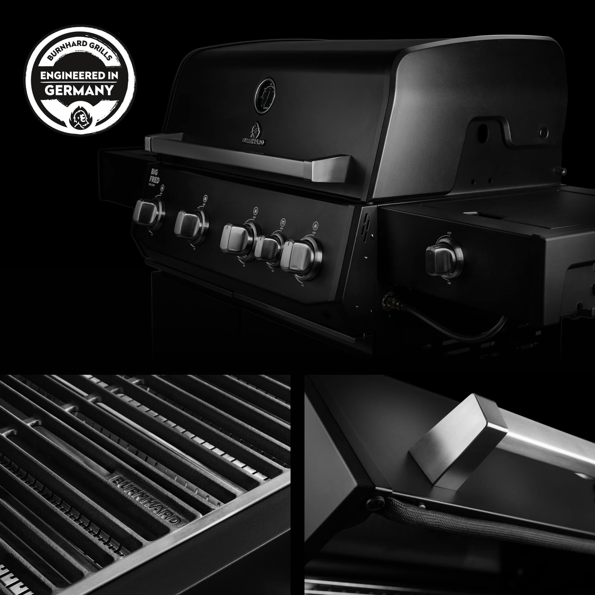 BURNHARD® Gasgrill 4-Brenner, 21,2 kW Gesamtleistung, Infrarot-Keramikbrenner, Seitenkochfeld, Edelstahl, Gussrost, große Grillfläche, Piezo-Zündung – Big FRED Deluxe