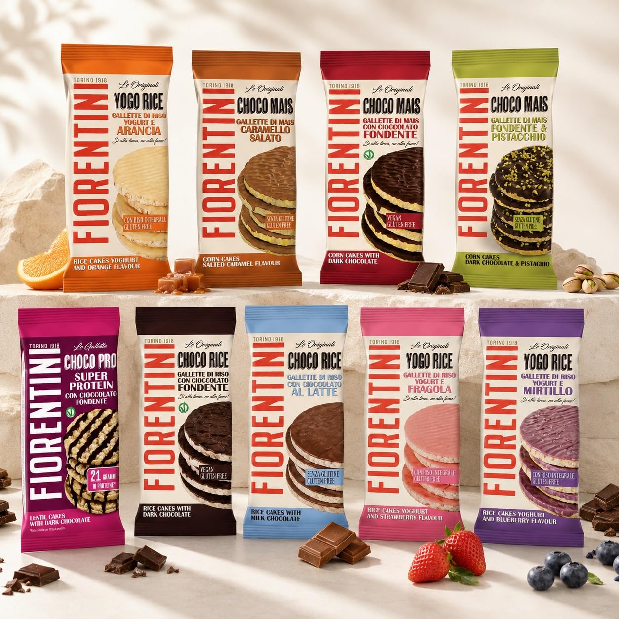 Gallette Assortite Personalizzabili per Fiorentini - 6 Confezioni a Scelta tra Mais, Riso e Super Protein - Gusti Cioccolato Fondente, Pistacchio, Caramello Salato, Latte, Arancia, Fragola, Mirtillo