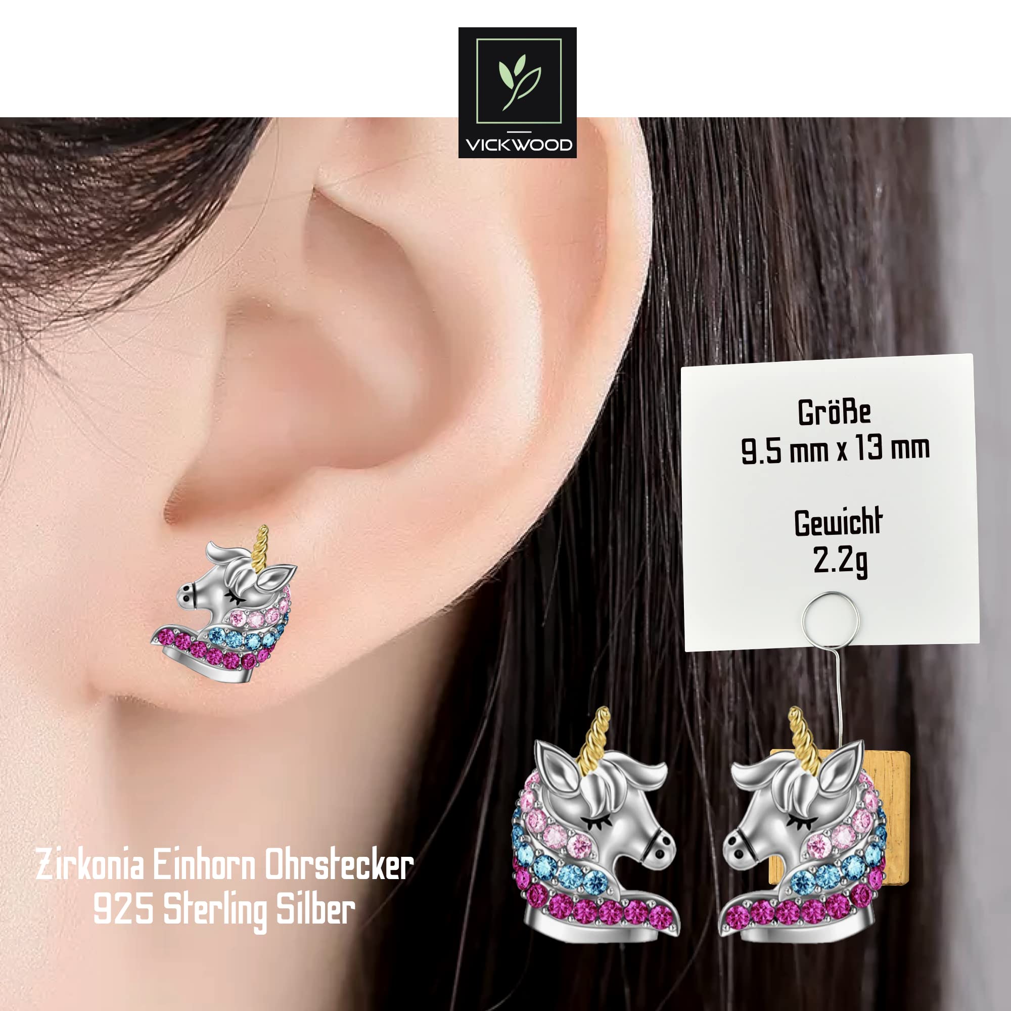 Orecchini a perno in vero argento sterling 925, con motivo a forma di farfalla, a forma di unicorno, con madreperla, a forma di cuore, Argento, Zirconia cubica