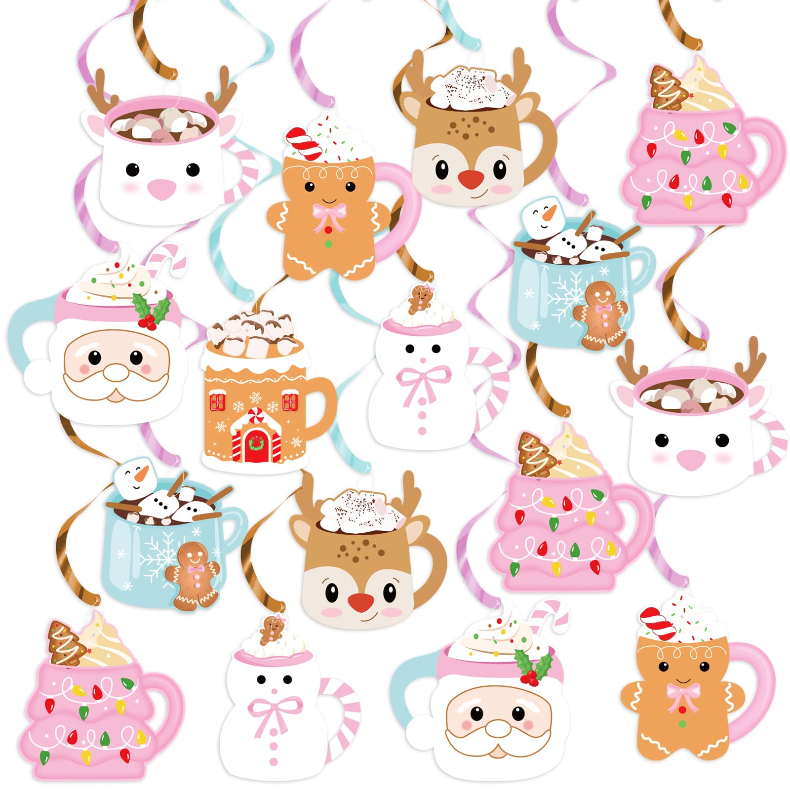 Christmas Hanging Decorations, Pink Gingerbread Man Hanging Swirls Hot Cocoa Bar Supplies Snowman Santa Coffee Cup Ornaments for Christma Hot
