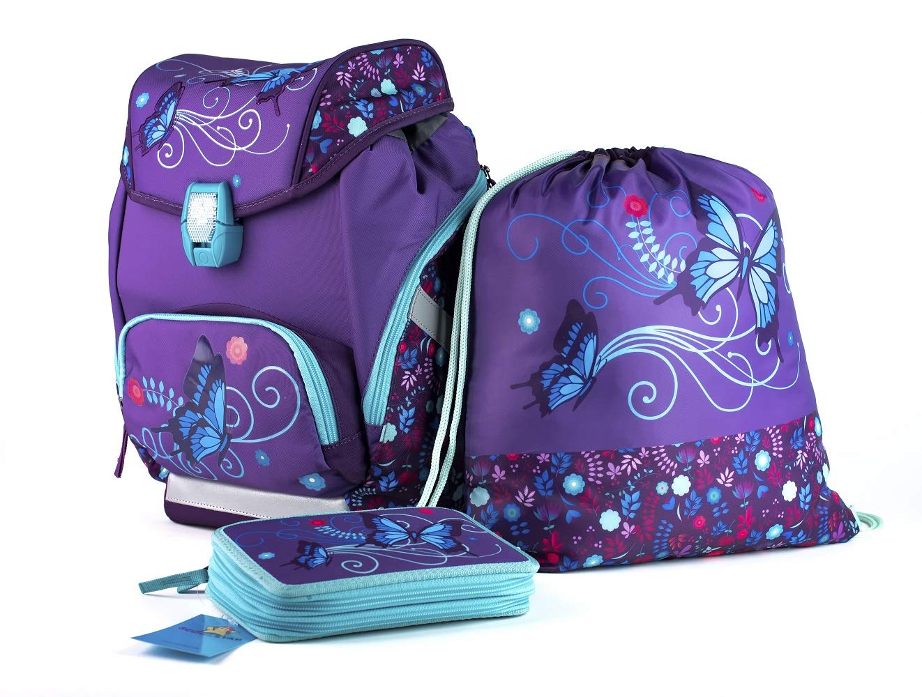 Rucksack-Set Für Mädchen – Mit Lunchbox & Federmäppchen, Schmetterling-Design, Wasserabweisend